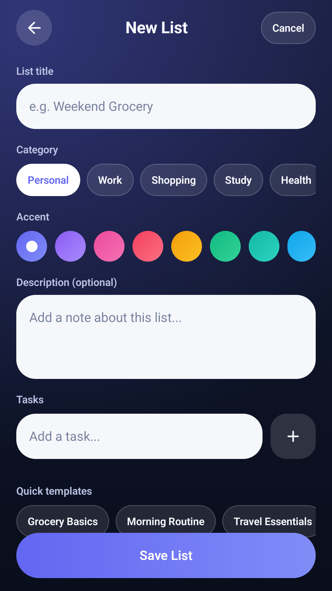 Purely List new list screen
