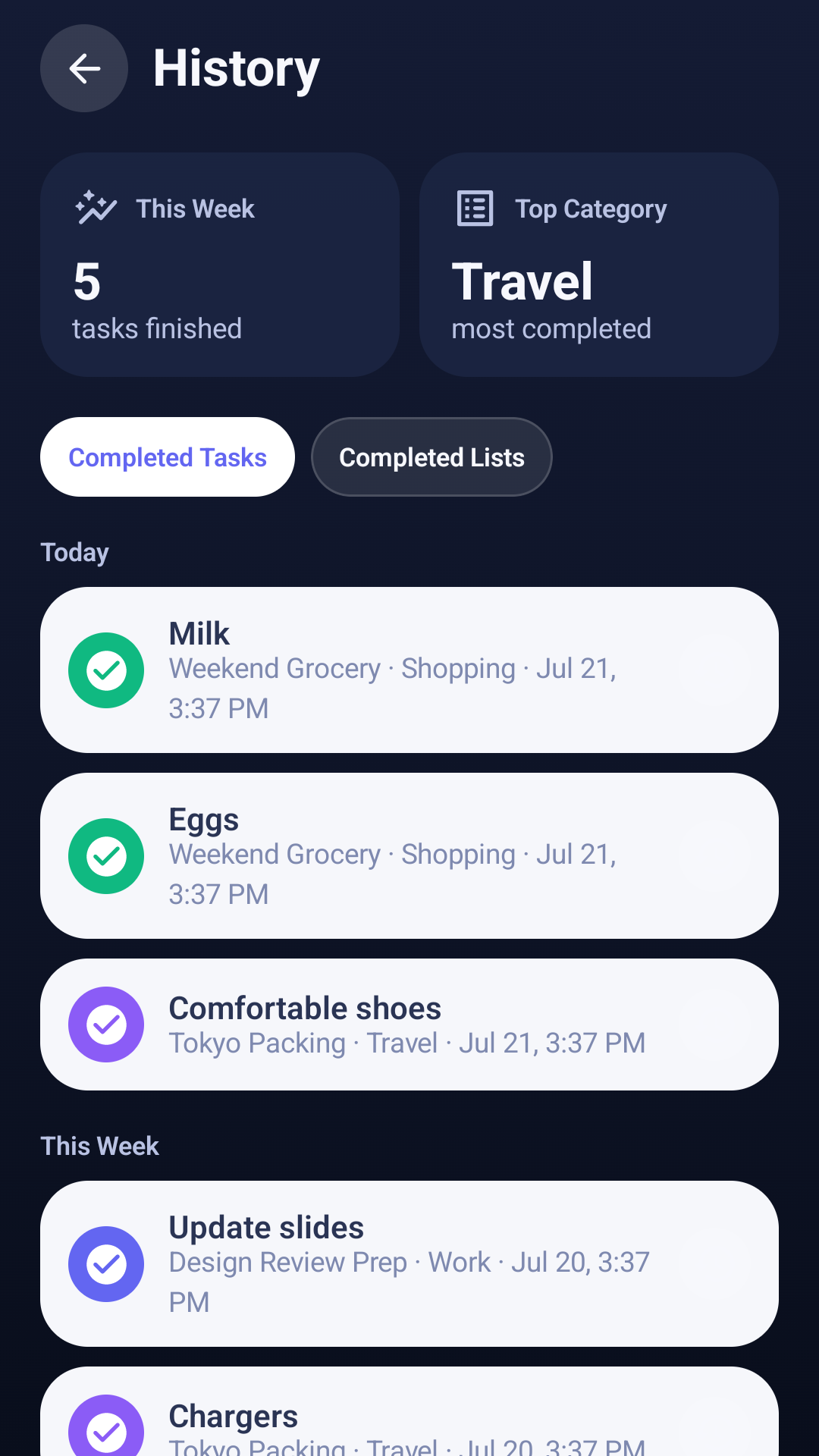 Purely List history screen