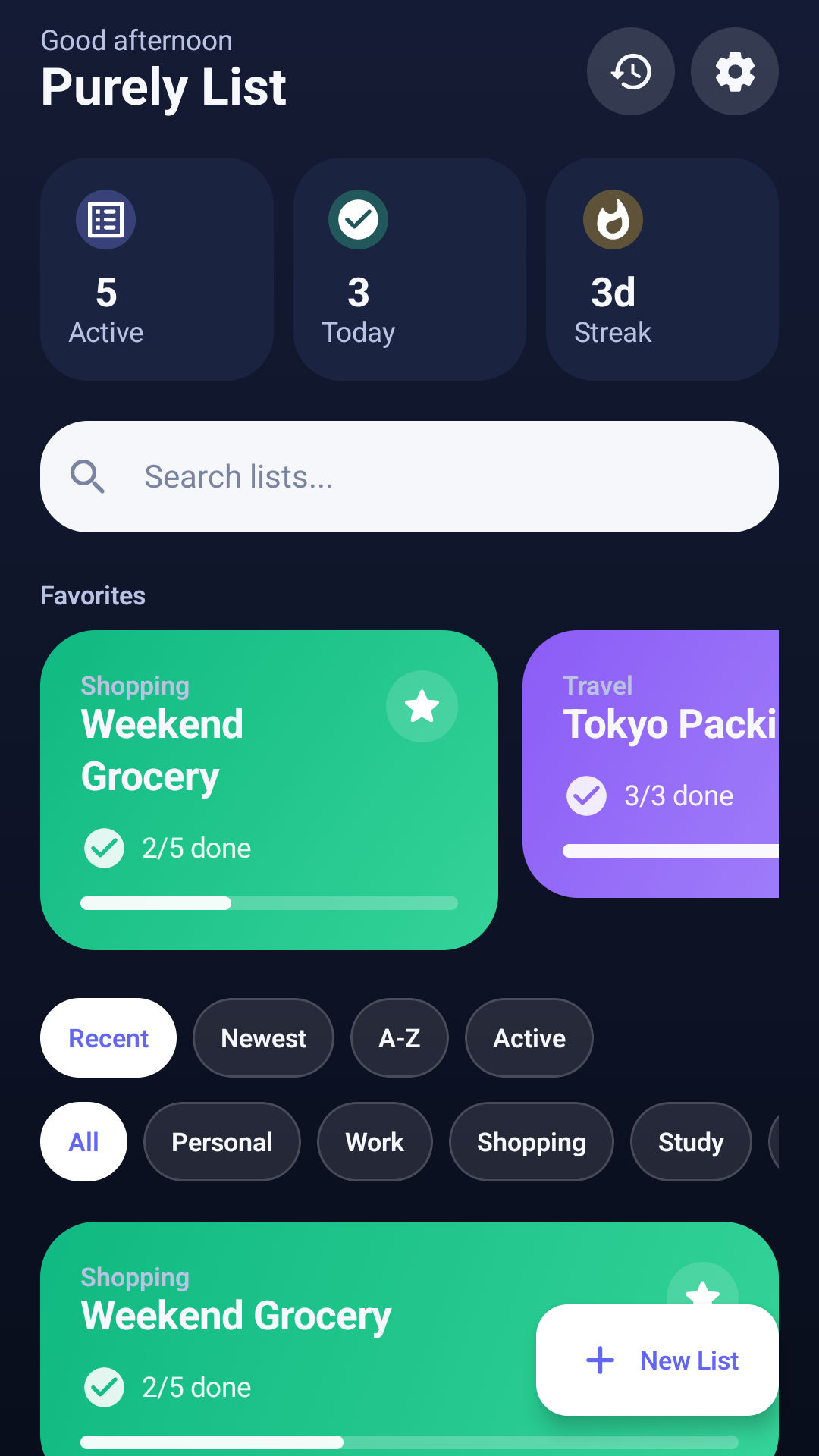 Purely List home screen